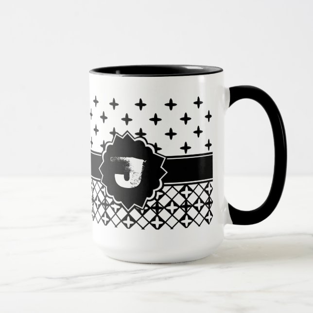 Caneca Quatrefoil Branco Preto Monograma (Direita)