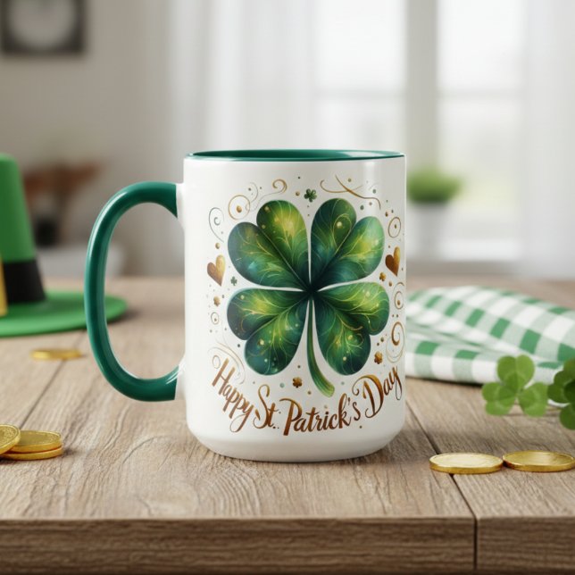 Caneca Quatro folhas de Dia de São Patrício verde e Doura (Four Leaf Clover Green and Gold St Patrick's Day Mug)