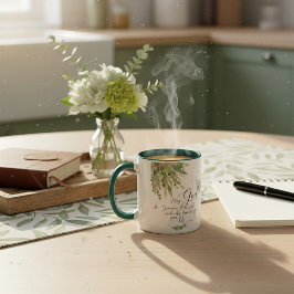 Caneca Que Deus seja gracioso, folhas verdes e douradas 