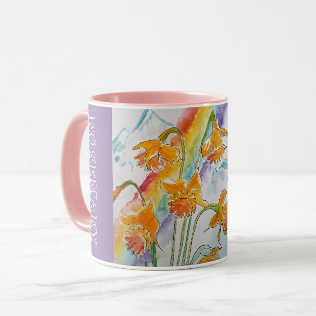 Caneca Rainbow Daffodil Primavera Watercolor floral Mug (Frente Esquerda)
