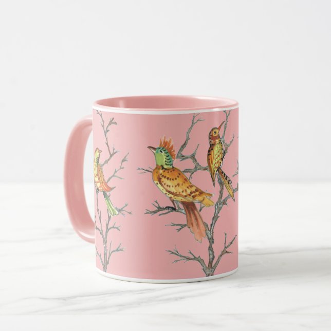 Caneca Ramais de Aves Rosa Tropicais Chinoiserie Bonito (Frente Esquerda)