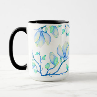 Caneca Ramo de Magnólia em Aquarela Azul Verde Botânico