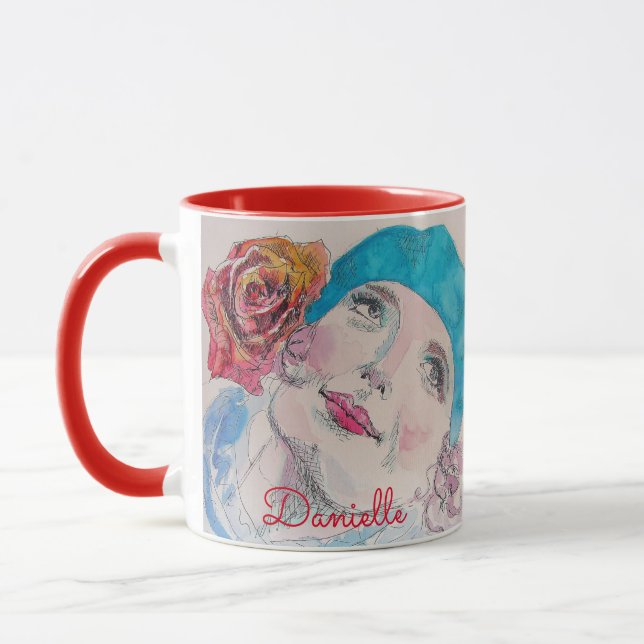 Caneca Rapariga com Rosa vermelha Beret Watercolor Floral (Esquerda)