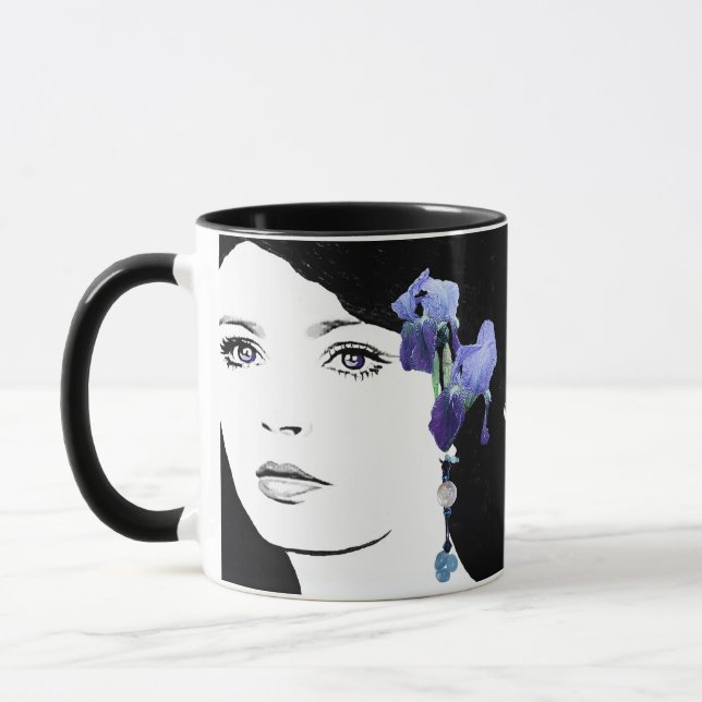 Caneca Rapariga rosto Emily nome azul personalizável íris (Esquerda)