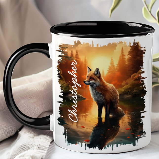 Caneca Raposa ao pôr do sol Reflexo da Floresta (Criador carregado)