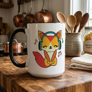 Caneca Raposa feliz com fones de ouvido ouvindo música.