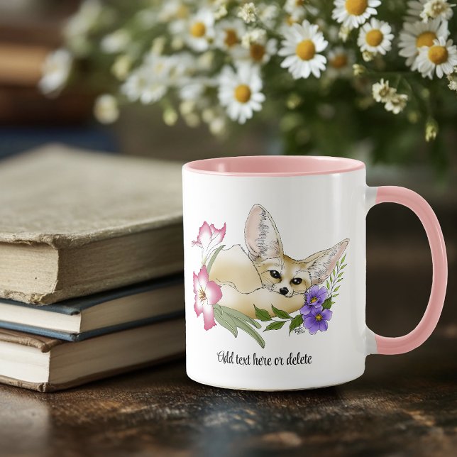 Caneca Raposa Fennec Flores Rosa Roxo Fofo Botânico Azul (Criador carregado)