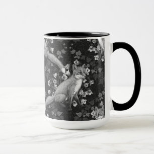 Caneca Raposa, flores e mariposa, monocromática, prata