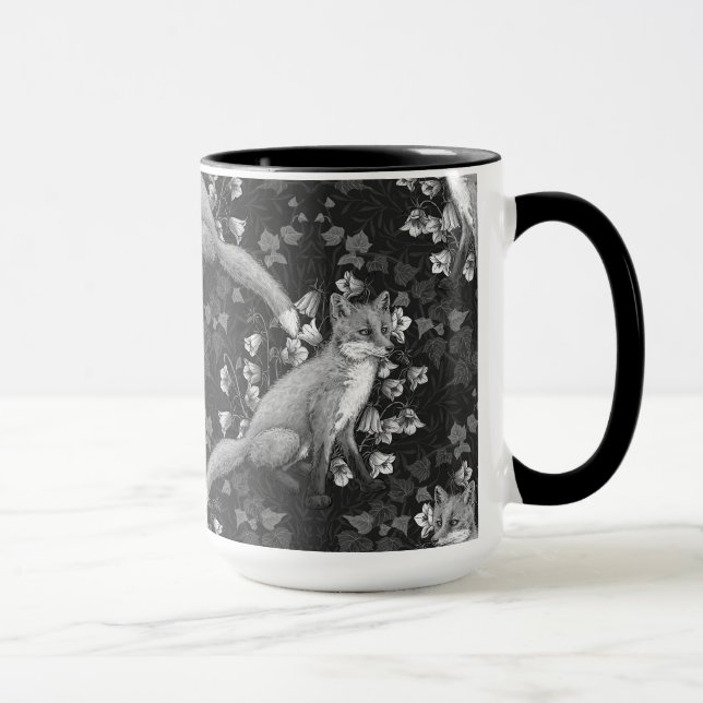 Caneca Raposa, flores e mariposa, monocromática, prata (Direita)