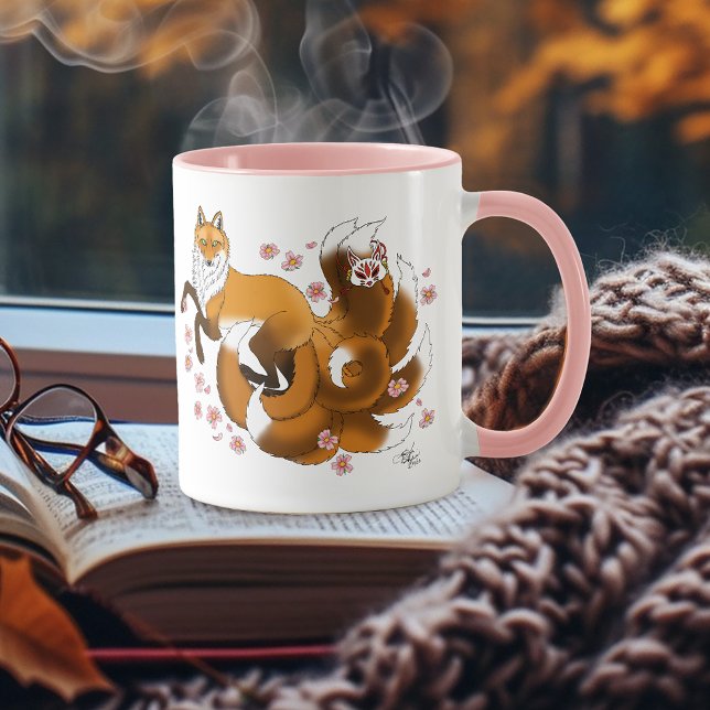 Caneca Raposa Kitsune Caprichosa Flores de Cerejeira Azui (Criador carregado)