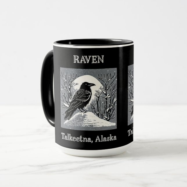 Caneca Raven: Talkeetna, Alasca preto e branco (Frente Esquerda)