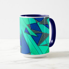 Caneca recortes triangulares verdes sobre fundo azul, ásp