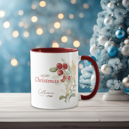 Caneca Red Berries Greenery Nome Elegante Natal
