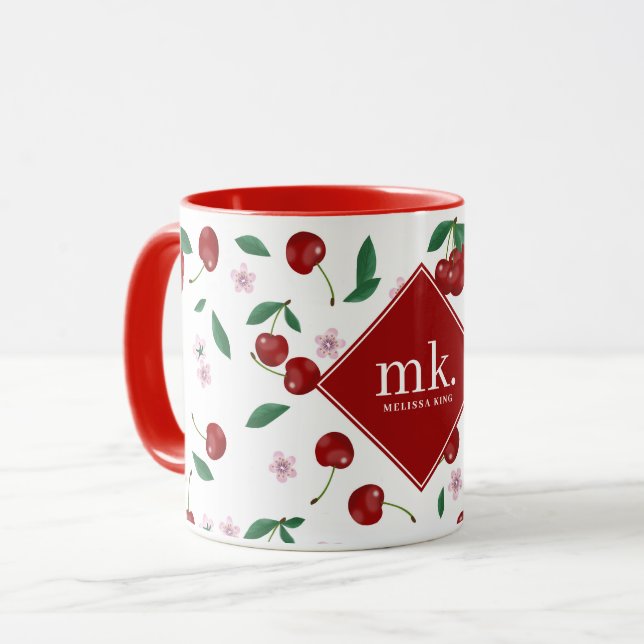 Caneca Red Cherries Greenery & Cherry Blossoms Monograma (Frente Esquerda)