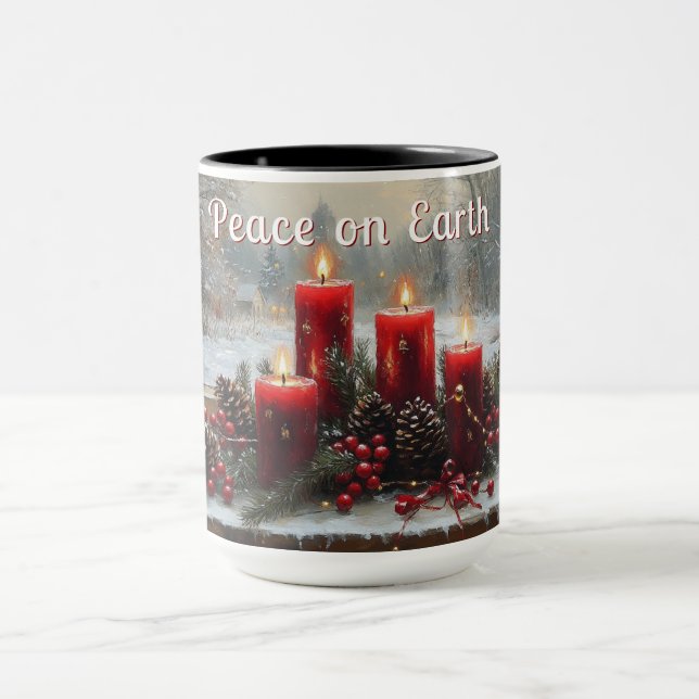 Caneca Red Christmas Candles Pine Cones Peace on Earth  (Centro)