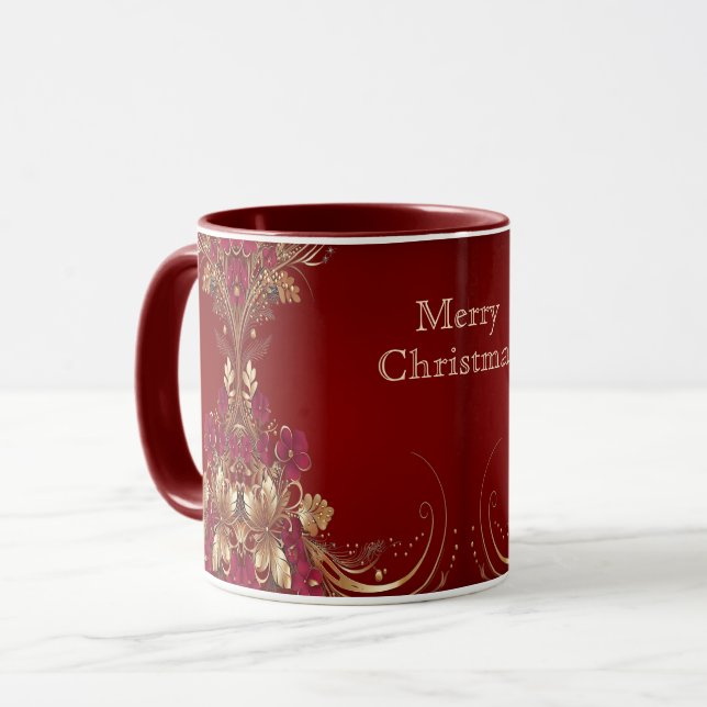 Caneca Red Dourado Floral Holiday Mug (Frente Esquerda)