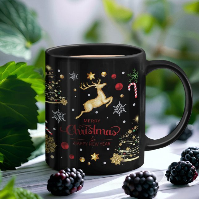 Caneca Red Dourado Reindeer Feliz Árvore de Natal (Criador carregado)