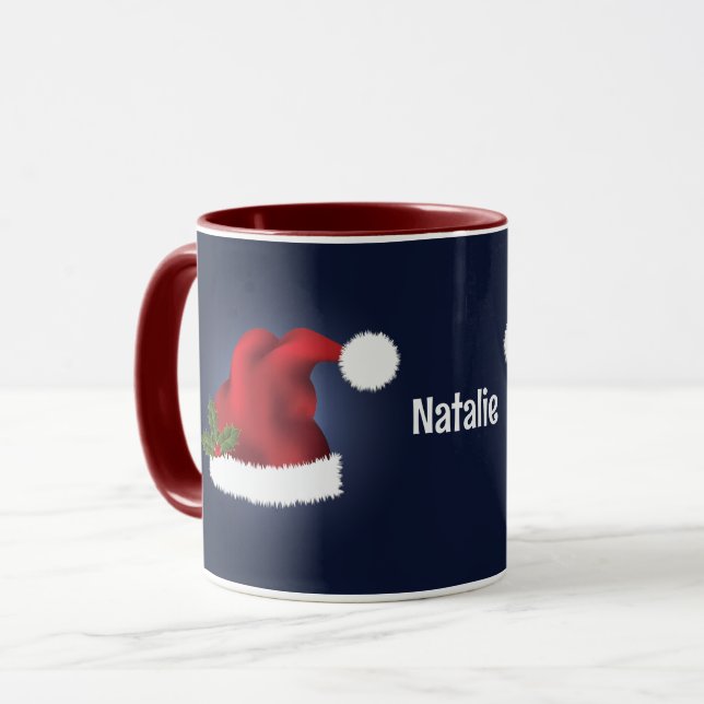 Caneca Red FESSanta Hat Em Azul Com Nome Personalizado (Frente Esquerda)