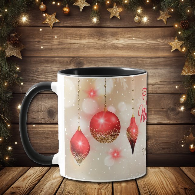 Caneca Red Glitter Bulbs Feliz Navidad Snowflake Mug (Criador carregado)