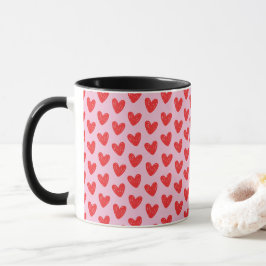 Caneca Red Hand-Drawn Doodle Hearts Pattern on Pastel Pin