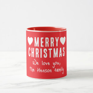 Caneca Red Hearts Felry Christmas Family Name Gift