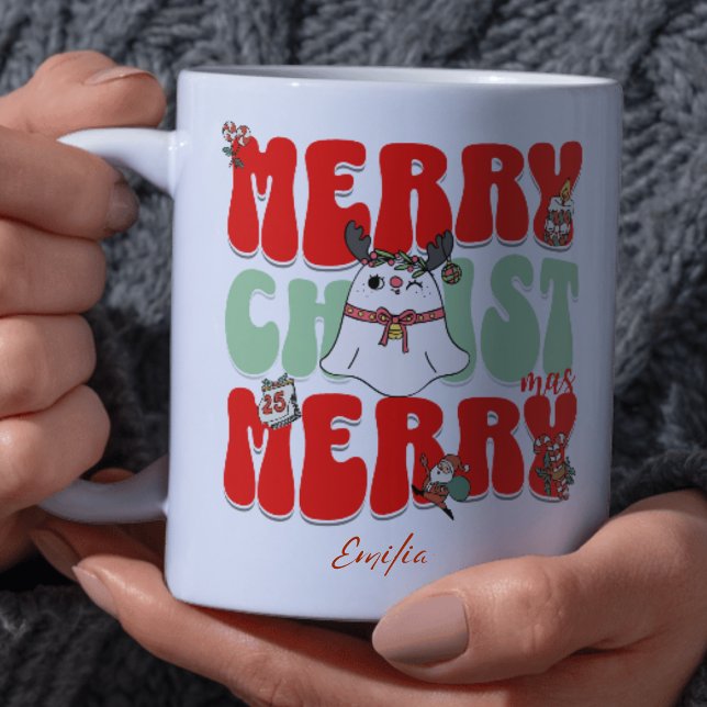 Caneca Red Retro Groovy Felry Christmas Kawaii Name (Criador carregado)