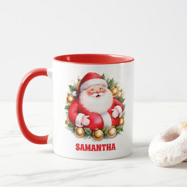 Caneca Red Retro Papai Noel Crianças de Natal Chocolate Q (Com Donut)