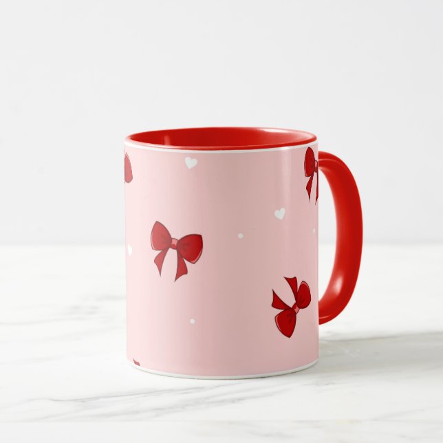 Caneca Red Ribbon Bow Pattern | Sweet Pastel Pink Cute (Frente Esquerda)
