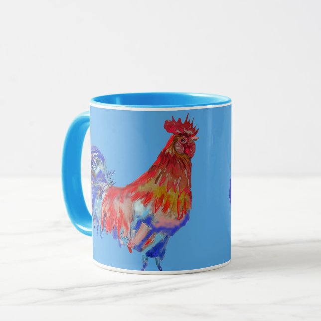 Caneca Red Rooster Watercolor Cockerel Chicken Art (Frente Esquerda)