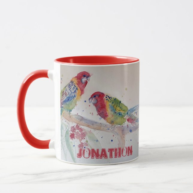 Caneca Red Rosella Parrot Watercolor Painting Mug (Esquerda)