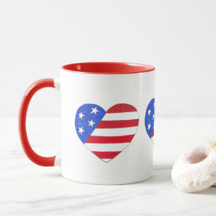 Caneca Red White Blue Patriotic American Flag Heart EUA