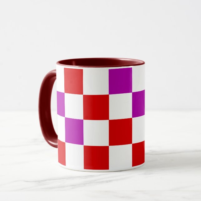 Caneca Red White Purple Checkered Pattern Design  (Frente Esquerda)