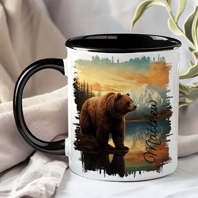 Caneca Reflexão Do Lago De Montanha Do Urso Castanho Griz (Criador carregado)