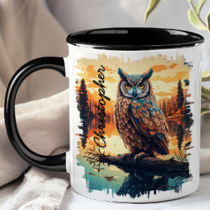 Caneca Reflexo da Floresta ao Pôr do Sol com Coruja