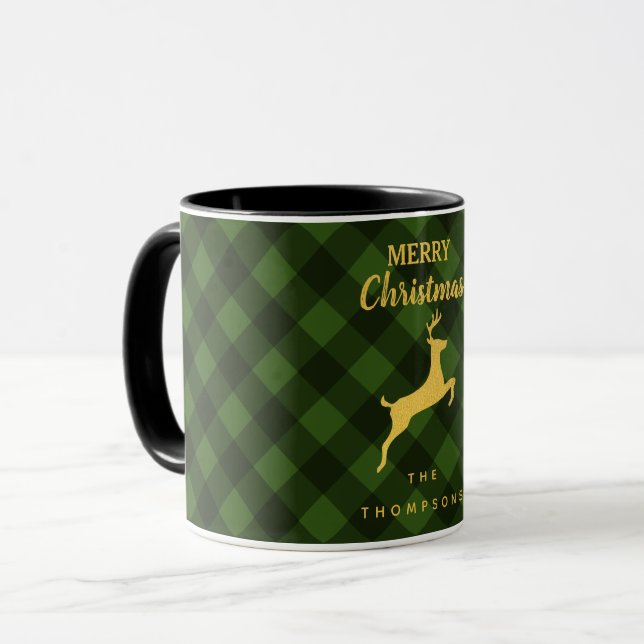 Caneca Reindedo de Xadrez Verde e Negro de Natal (Frente Esquerda)