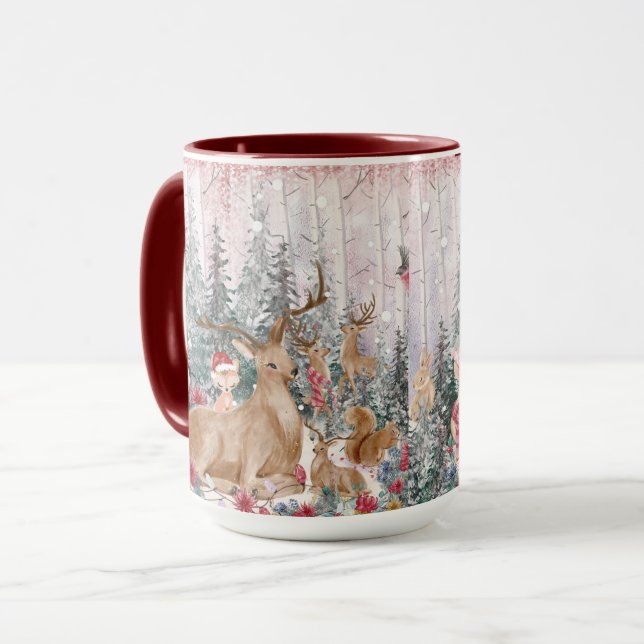 Caneca Reindeer de Aquarela Rosa, Snowman Feliz Natal (Frente Esquerda)