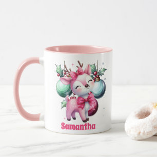 Caneca Reindeio Rosa Natal Crianças Chocolate Quente