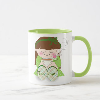 Caneca Relaxe! Garota Kawaii Bonita Relaxando com Chá / C