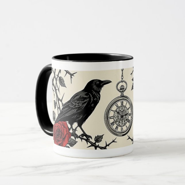 Caneca Relógio e Rosas do Corvo Gótico (Frente Esquerda)