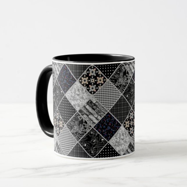 Caneca Remendo monocromático preto cinza branco remendo c (Frente Esquerda)