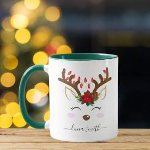 Caneca Rena Fofa Feliz Natal Presente Café Verde