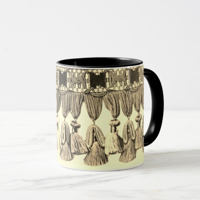 Caneca Renda vitoriana com borlas antiga dourada preta (Frente Esquerda)