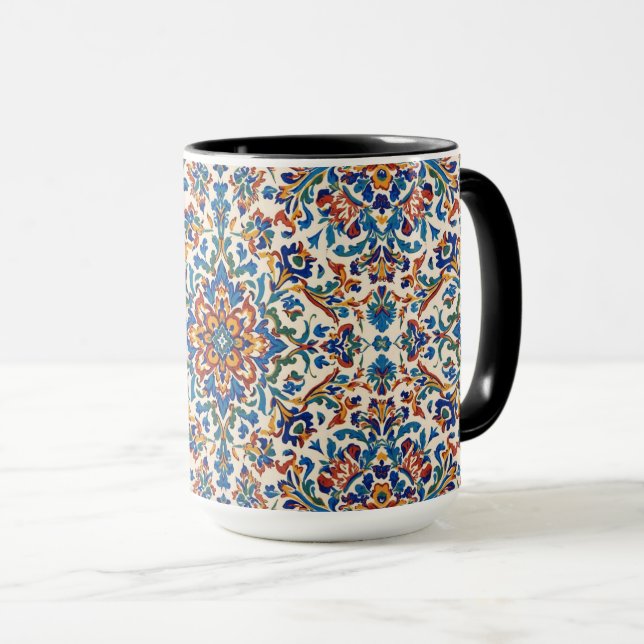 Caneca Reprodução Colorida Iznik Persa Turca Pintada à Mã (Frente Esquerda)