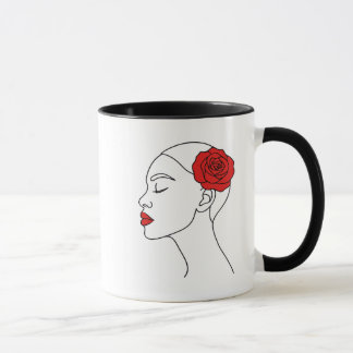 Caneca Retrato de Arte em Linha da Mulher com Rosa vermel