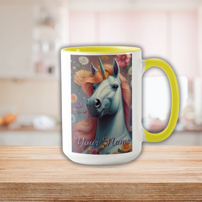 Caneca Retrato de Flor Unicórida Branco Personalizado (Personalized White Unicorn Flower Portrait Mug)