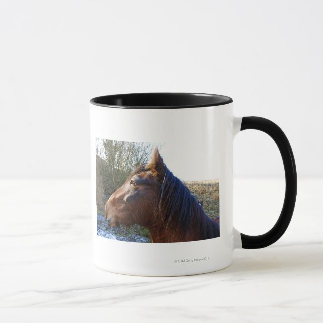 Caneca Retrato do cavalo marrom no dia frio (Direita)