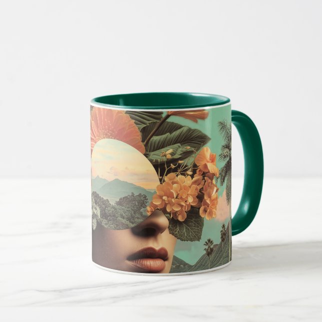 Caneca Retrato Feminino Surrealista com Elementos Florais (Frente Esquerda)