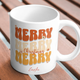 Caneca Retro 1960s Groovy Merry Christmas Name Boho