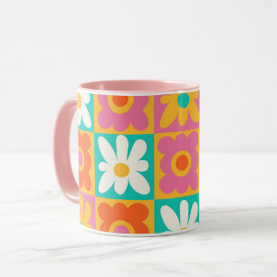 Caneca Retro Anos 70 Groovy Floral Xadrez Colorido