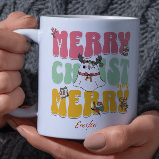 Caneca Retro Cor-de-rosa Groovy Feliz Natal Kawaii Nome